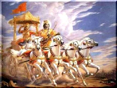 Krishna conduz a quadriga do guerreiro Arjuna, Seu amigo e devoto querido.