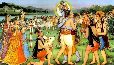 Krishna abraça Gopa-kumara que chega a Goloka Vrindavana