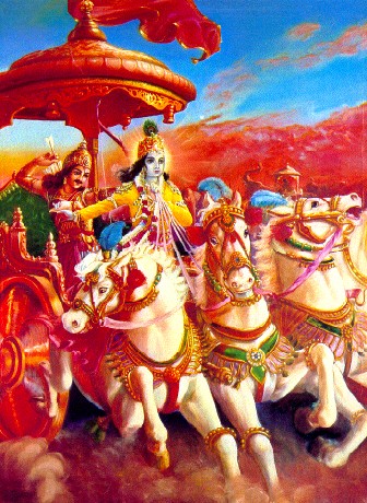 O Senhor Krishna conduz a quadriga de Seu amigo querido Arjuna
